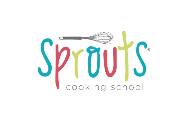 Logo of Sprouts Cooking School with a whisk and colorful letters.