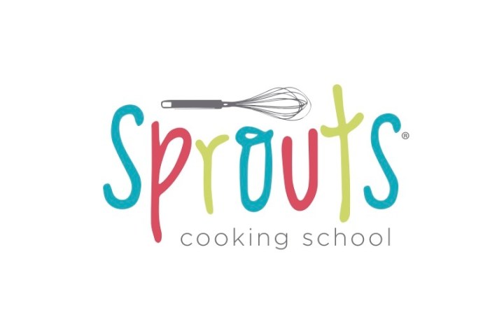 Logo with 'sprouts' in colorful letters, whisk above, 'cooking school' below.