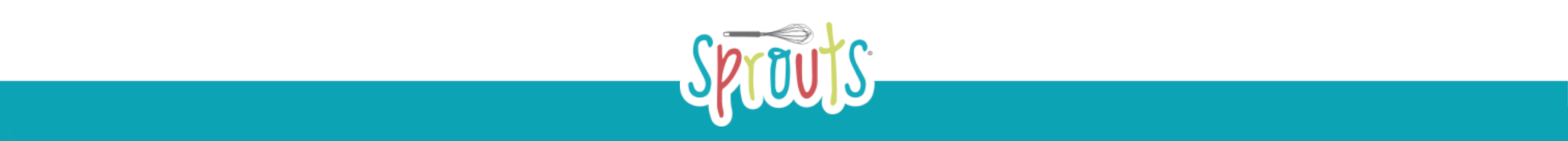 Logo with 'Sprouts' in colorful text and a whisk above 'r'; teal and white background.