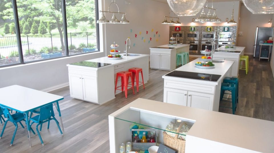 Modern cooking classroom with islands, colorful stools, and large windows.