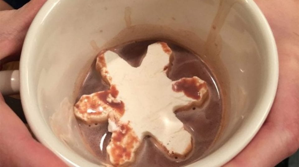 Hands holding a mug with hot chocolate and a marshmallow shaped like a gingerbread man.