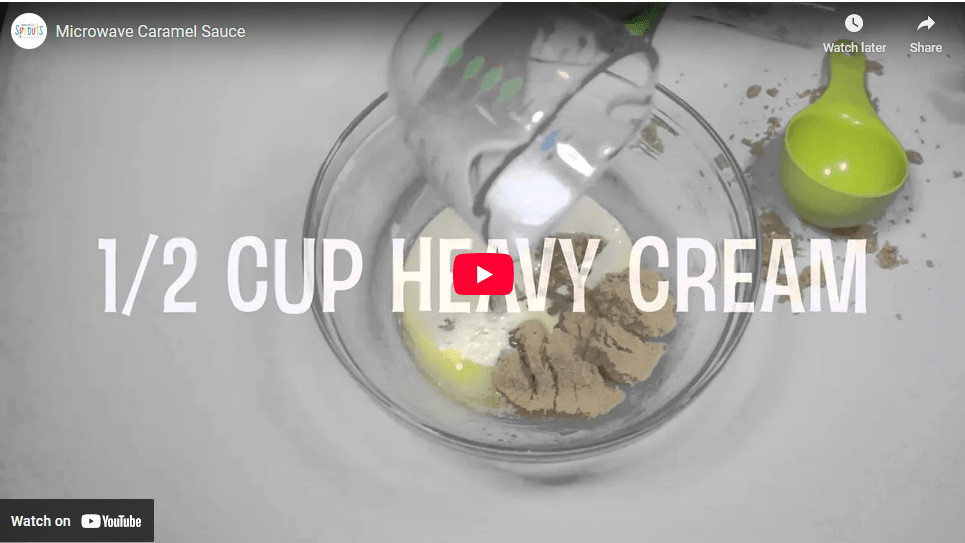 Glass bowl with brown sugar and cream with '1/2 cup heavy cream' text, and a green measuring cup nearby.